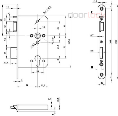 Замок дверной огнестойкий DL 1769SL/B/65mm/SS